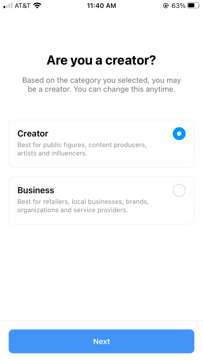 Instagram创建者类别选项