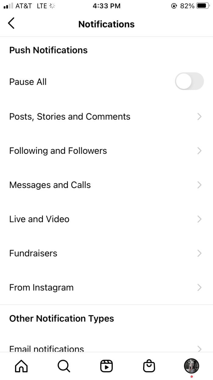 Instagram通知设置屏幕