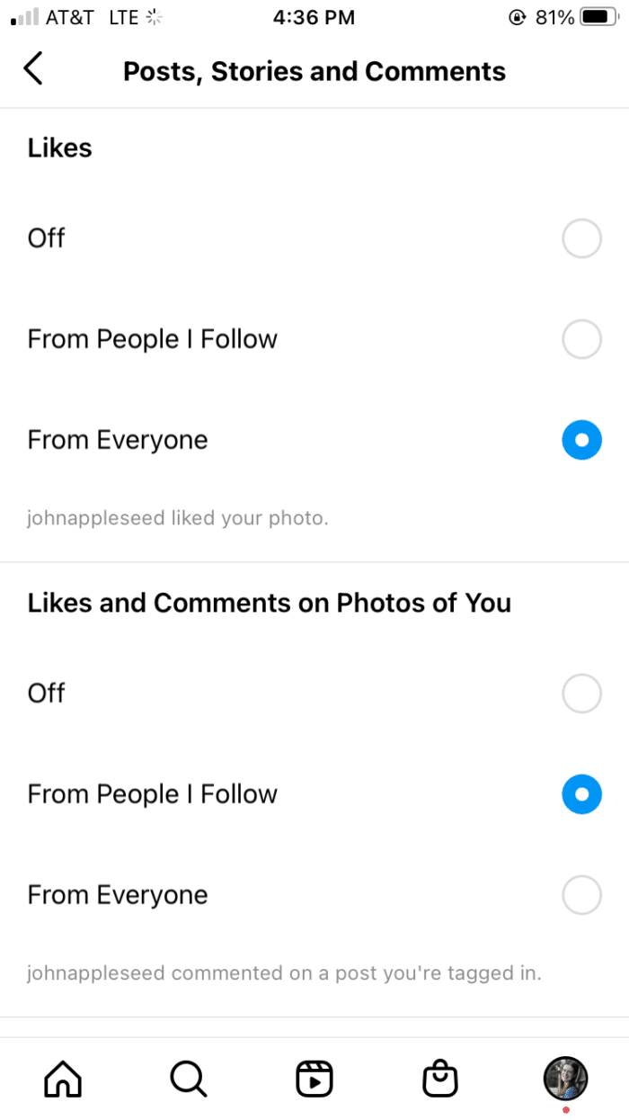 Instagram截图的帖子，故事和评论选项